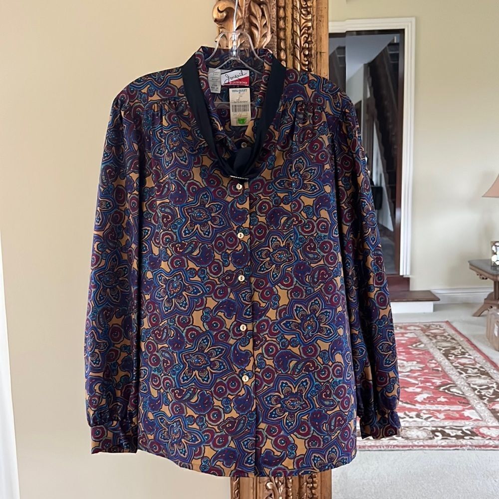 Vintage 70s Judy Bond Women’s Blouse Sailor Collar Tie Red Paisley Size 14 XL